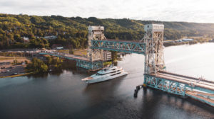 Aerial Photography of Portage Lake Lift Bridge and Yacht